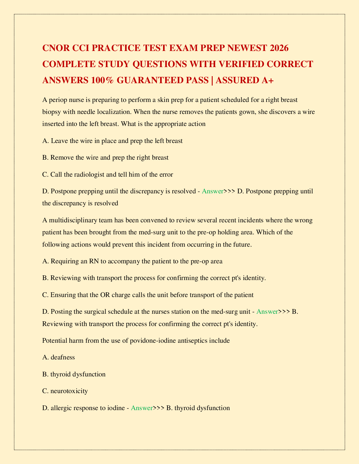 Recommended document preview for CNOR CCI PRACTICE TEST EXAM PREP NEWEST 2026 COMPLETE STUDY QUESTIONS WITH VERIFIED CORRECT ANSWERS 100% GUARANTEED PASS | ASSURED A+