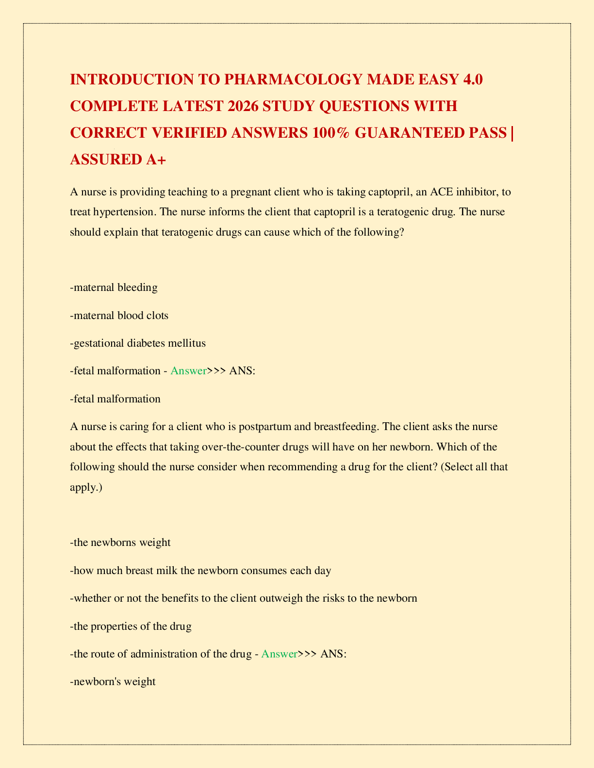 Recommended document preview for INTRODUCTION TO PHARMACOLOGY MADE EASY 4.0 COMPLETE LATEST 2026 STUDY QUESTIONS WITH CORRECT VERIFIED ANSWERS 100% GUARANTEED PASS | ASSURED A+