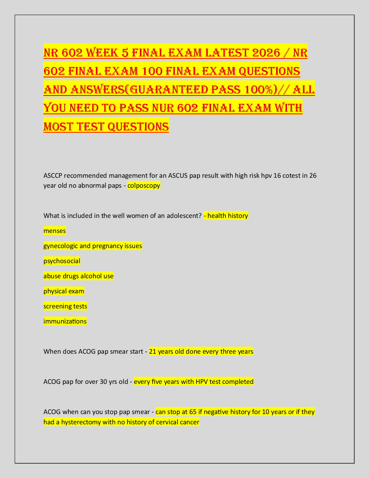 Recommended document preview for NR 602 WEEK 5 FINAL EXAM LATEST 2026 / NR  602 FINAL EXAM 100 FINAL EXAM QUESTIONS  AND ANSWERS(GUARANTEED PASS 100%)// ALL  YOU NEED TO PASS NUR 602 FINAL EXAM WITH  MOST TEST QUESTIONS