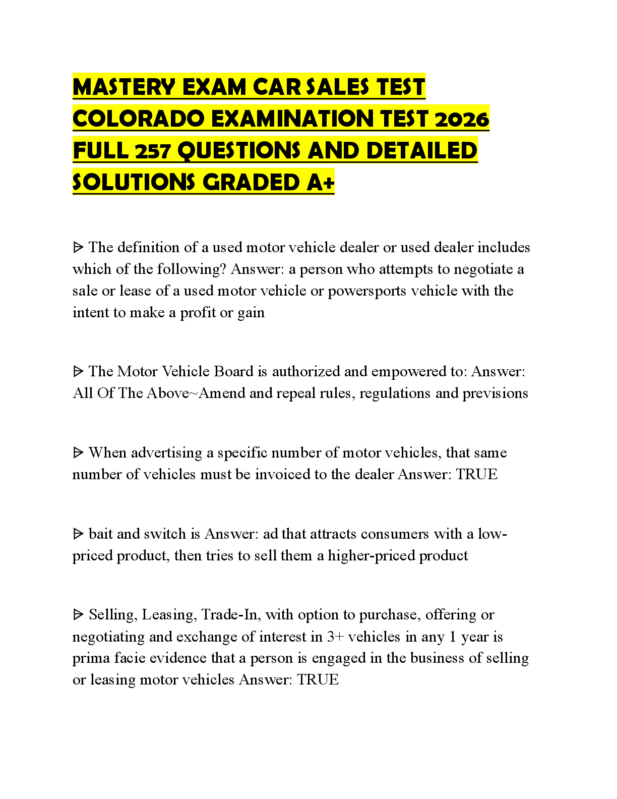 Preview of MASTERY EXAM CAR SALES TEST COLORADO EXAMINATION TEST 2026 FULL 257 QUESTIONS AND DETAILED