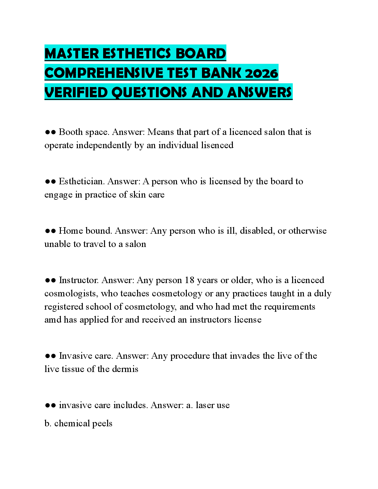 Recommended document preview for MASTER ESTHETICS BOARD COMPREHENSIVE TEST BANK 2026 VERIFIED QUESTIONS AND ANSWERS
