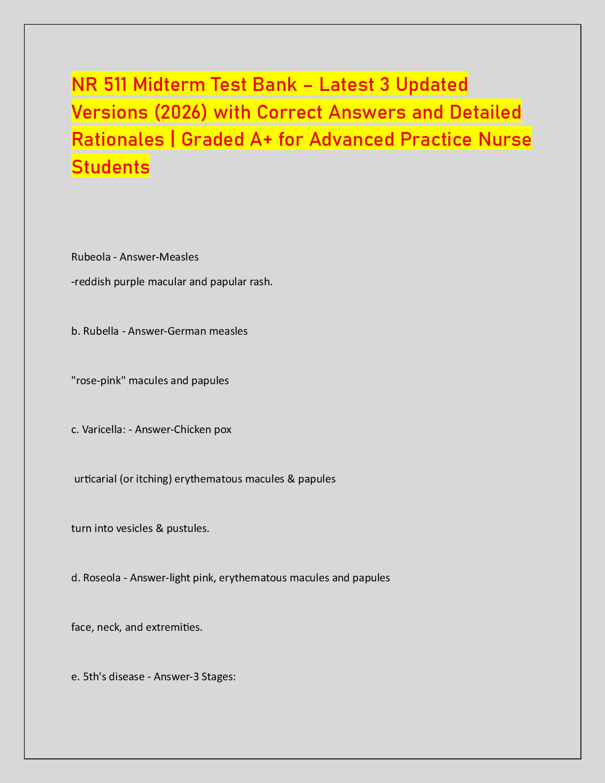 Recommended document preview for NR 511 Midterm Test Bank – Latest 3 Updated  Versions (2026) with Correct Answers and Detailed  Rationales | Graded A+ for Advanced Practice Nurse  Students