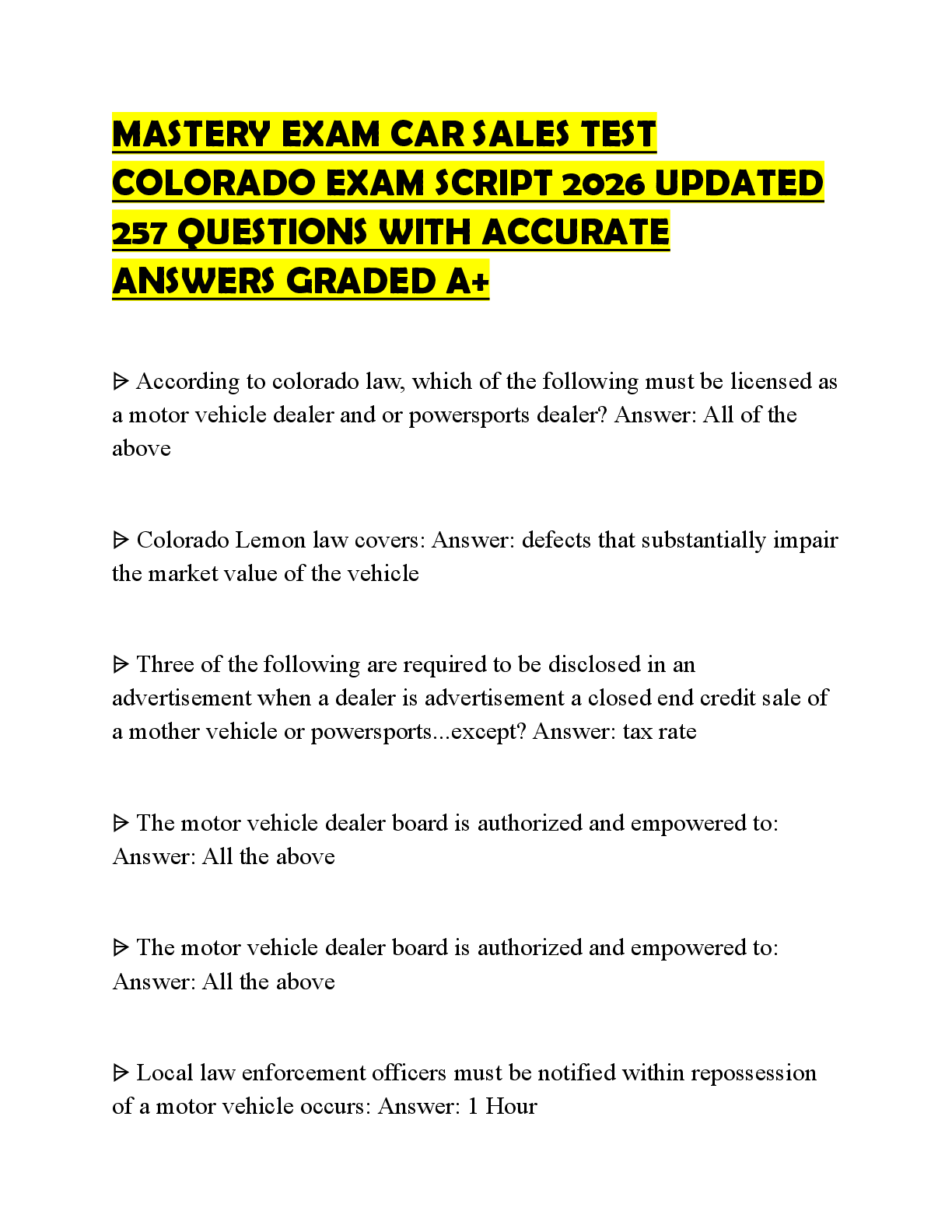 Preview of MASTERY EXAM CAR SALES TEST COLORADO EXAM SCRIPT 2026 UPDATED 257 QUESTIONS WITH ACCURATE