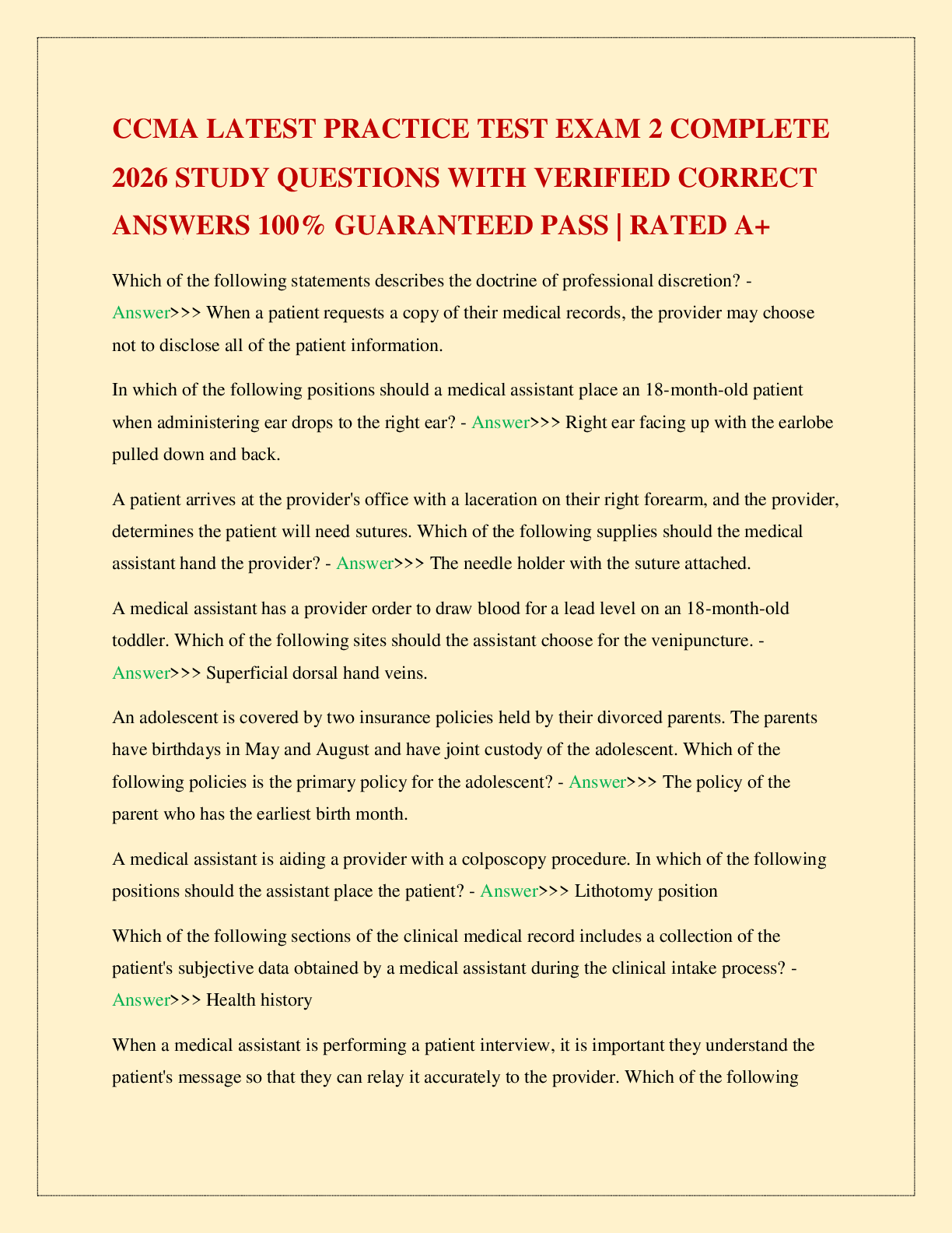 Recommended document preview for CCMA LATEST PRACTICE TEST EXAM 2 COMPLETE 2026 STUDY QUESTIONS WITH VERIFIED CORRECT ANSWERS 100% GUARANTEED PASS | RATED A+