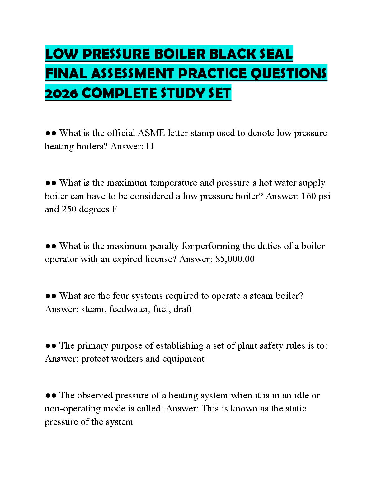 Preview of LOW PRESSURE BOILER BLACK SEAL PROFESSIONAL EXAM PRACTICE SET 2026 ACCURATE QUESTIONS AND