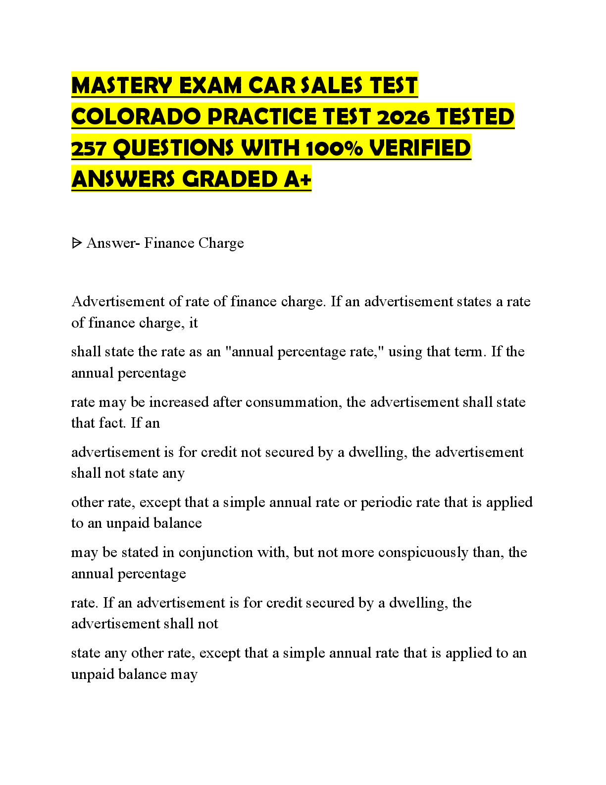 Recommended document preview for MASTERY EXAM CAR SALES TEST COLORADO PRACTICE TEST 2026 TESTED 257 QUESTIONS WITH 100% VERIFIED ANSWERS GRADED A+