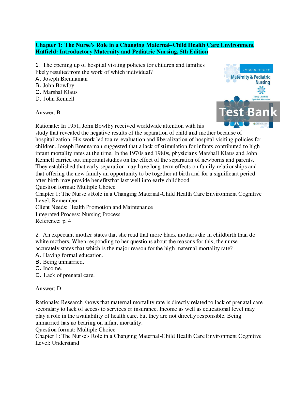 Recommended document preview for TEST BANK For Introductory Maternity & Pediatric Nursing 5th edition Nancy Hatfield