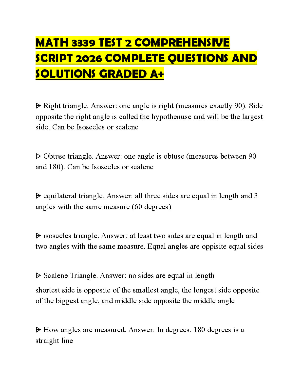 Recommended document preview for MATH 3339 TEST 2 PRACTICE TEST BANK 2026 TESTED QUESTIONS WITH ANSWERS GRADED A+