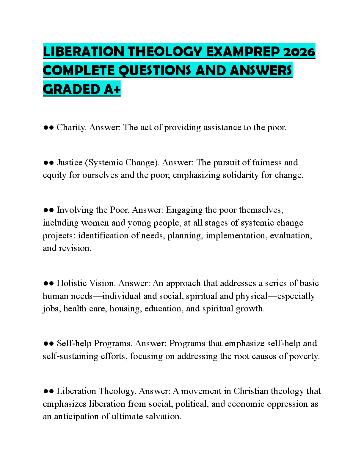 Recommended document preview for LIBERATION THEOLOGY EXAMPREP 2026 COMPLETE QUESTIONS AND ANSWERS GRADED A+