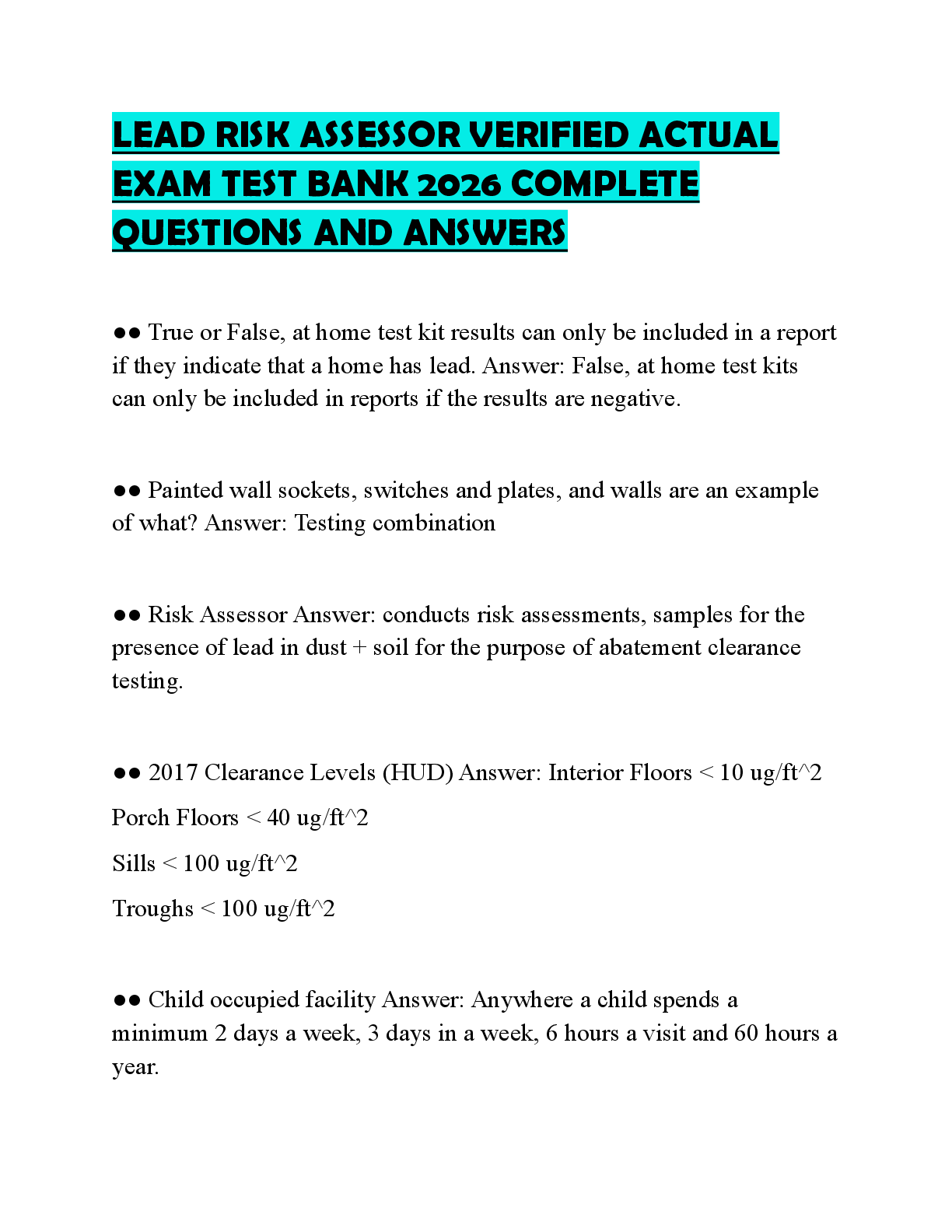 Recommended document preview for LEAD RISK ASSESSOR VERIFIED ACTUAL EXAM TEST BANK 2026 COMPLETE QUESTIONS AND ANSWERS
