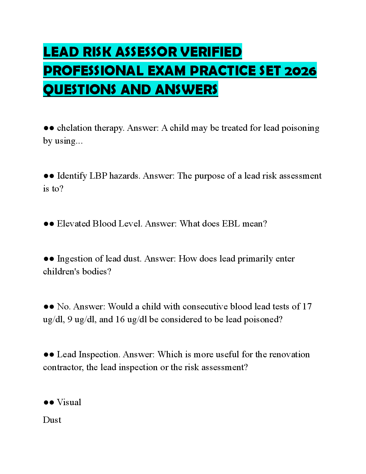 Recommended document preview for LEAD RISK ASSESSOR VERIFIED PROFESSIONAL EXAM PRACTICE SET 2026 QUESTIONS AND ANSWERS