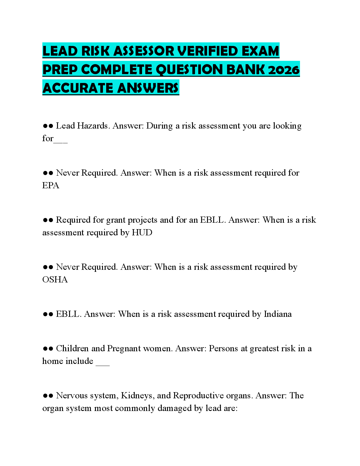 Recommended document preview for LEAD RISK ASSESSOR VERIFIED EXAM PREP COMPLETE QUESTION BANK 2026 ACCURATE ANSWERS
