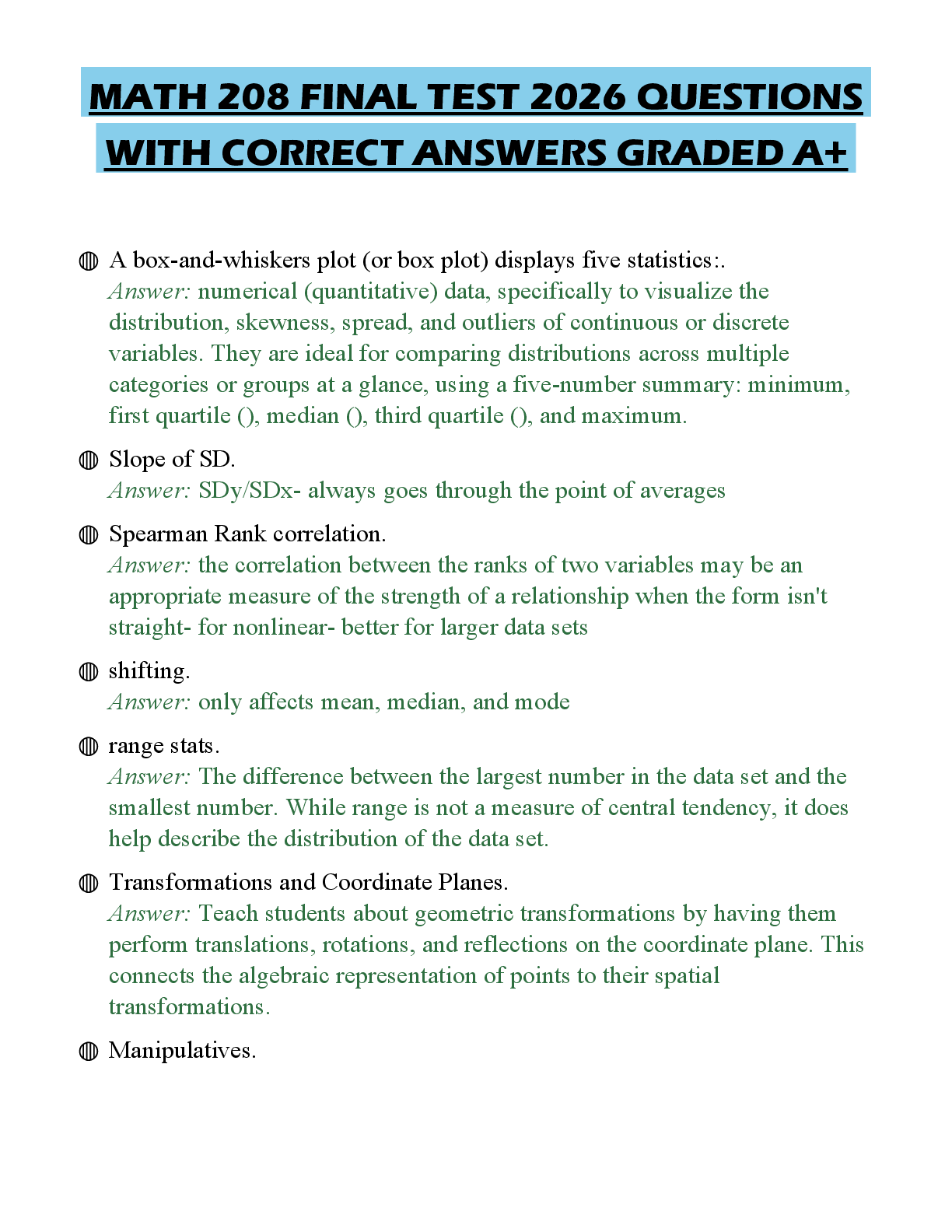 Recommended document preview for MATH 208 FINAL TEST 2026 QUESTIONS WITH CORRECT ANSWERS GRADED A+