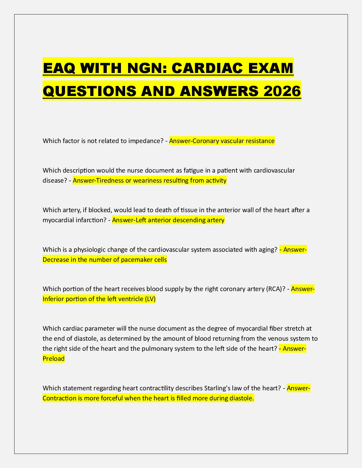 Preview of EAQ WITH NGN: CARDIAC EXAM  QUESTIONS AND ANSWERS 2026
