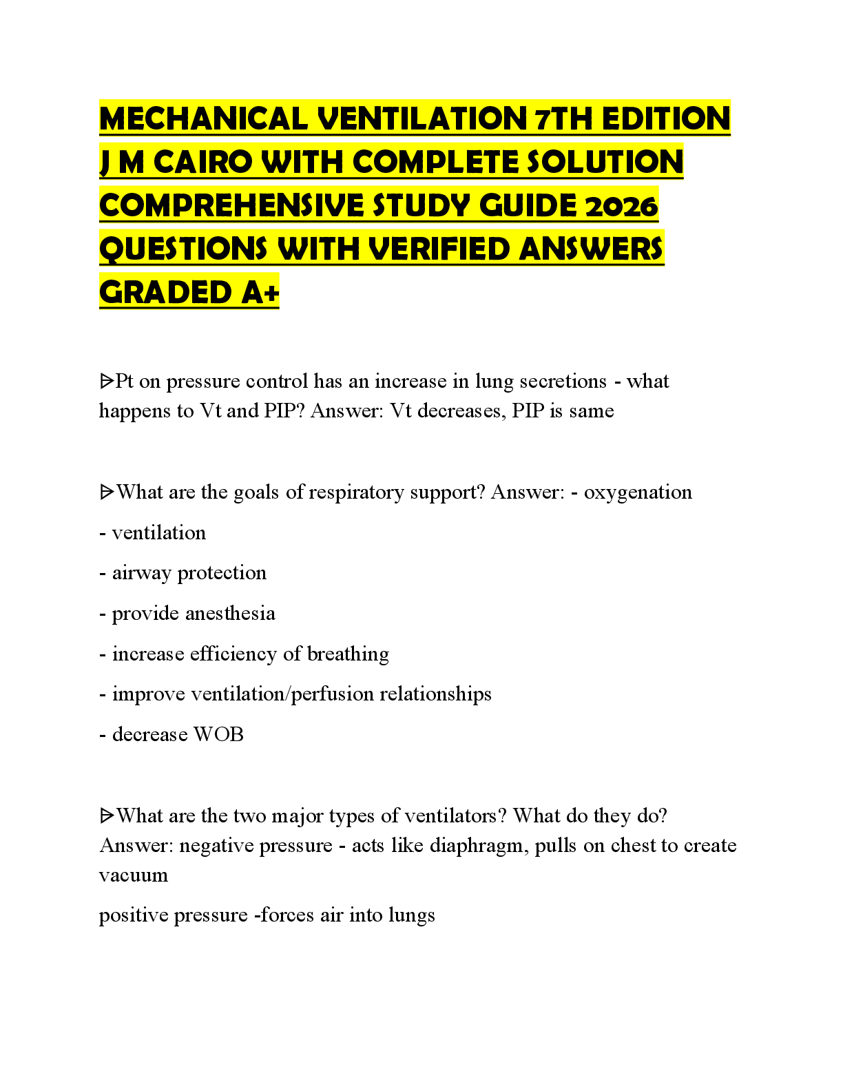 Preview of MECHANICAL VENTILATION 7TH EDITION J M CAIRO WITH COMPLETE SOLUTION TEST BANK COLLECTION 2