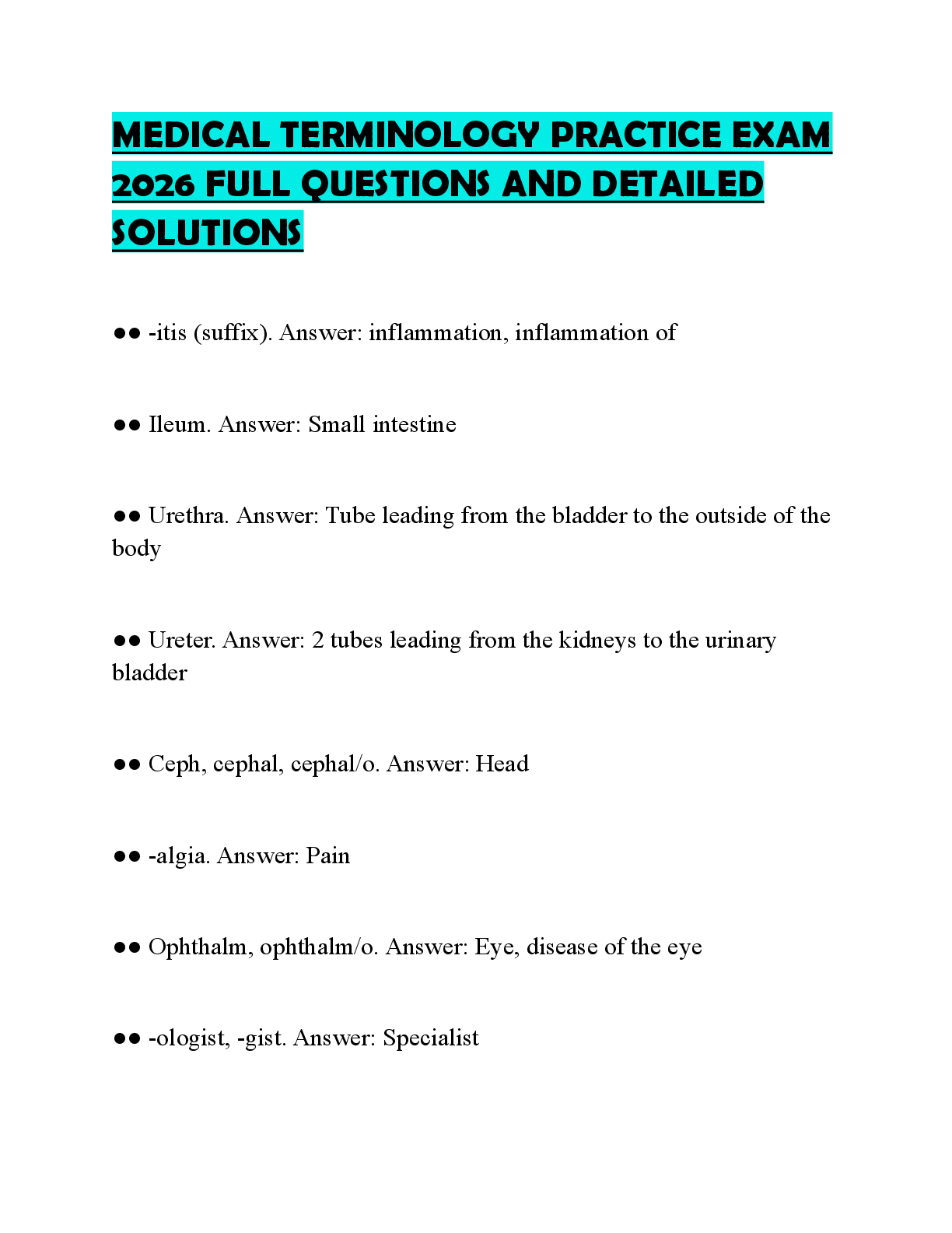MEDICAL TERMINOLOGY PRACTICE EXAM 2026 FULL QUESTIONS AND DETAILED S ...