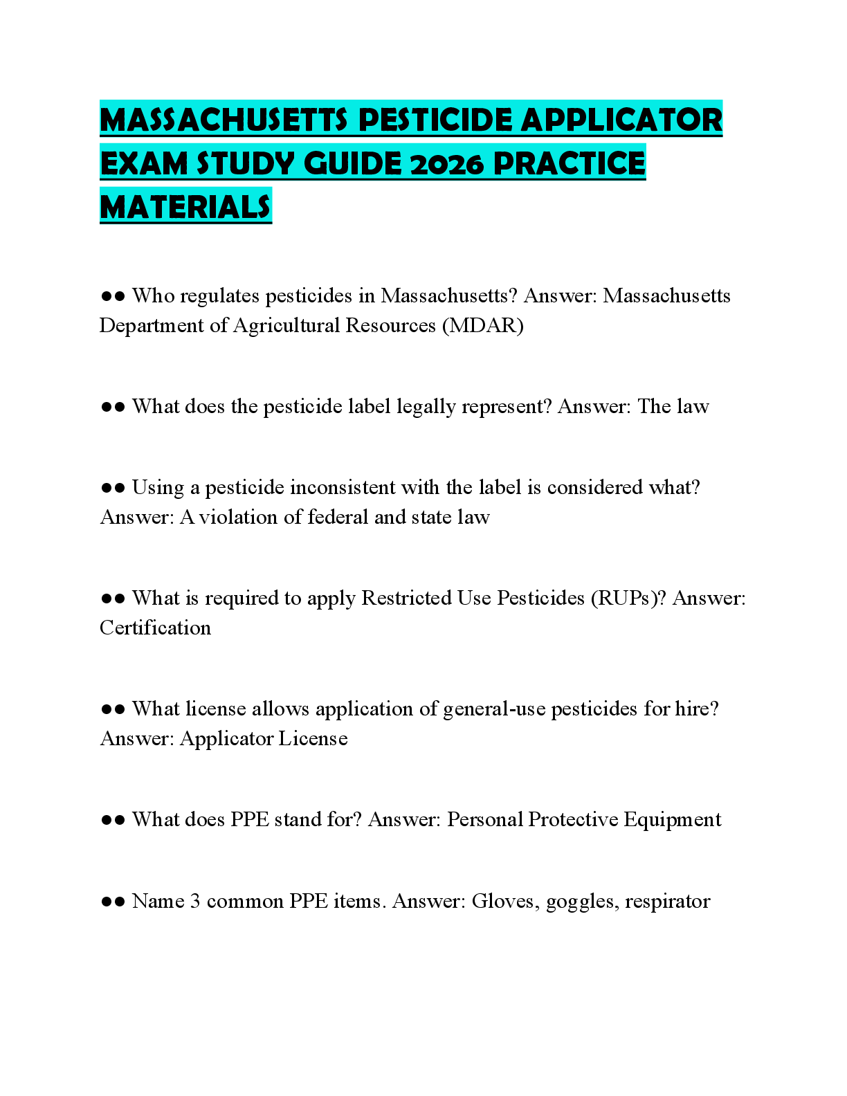 Recommended document preview for MASSACHUSETTS PESTICIDE APPLICATOR EXAM STUDY GUIDE 2026 PRACTICE MATERIALS