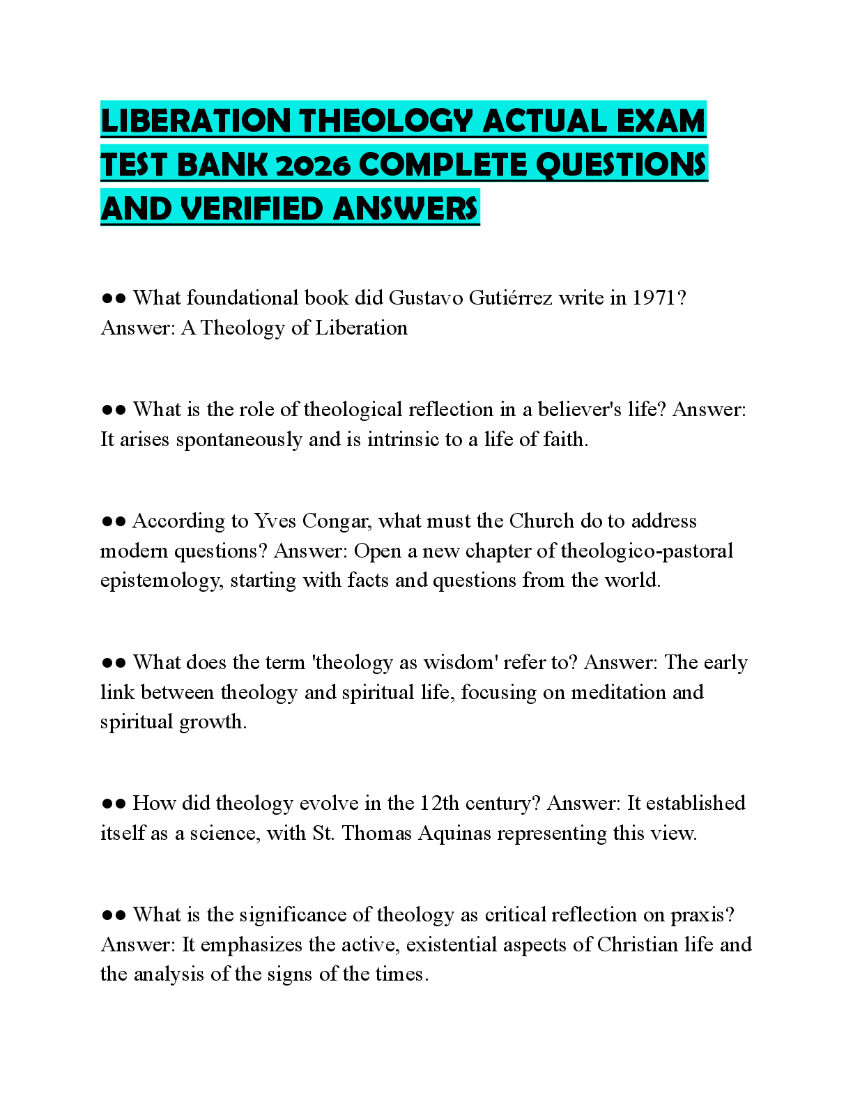 Recommended document preview for LIBERATION THEOLOGY ACTUAL EXAM TEST BANK 2026 COMPLETE QUESTIONS AND VERIFIED ANSWERS