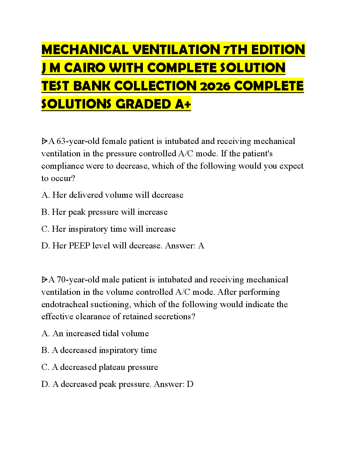 Preview of MECHANICAL VENTILATION 7TH EDITION J M CAIRO WITH COMPLETE SOLUTION UPDATED REVIEW PAPER 2