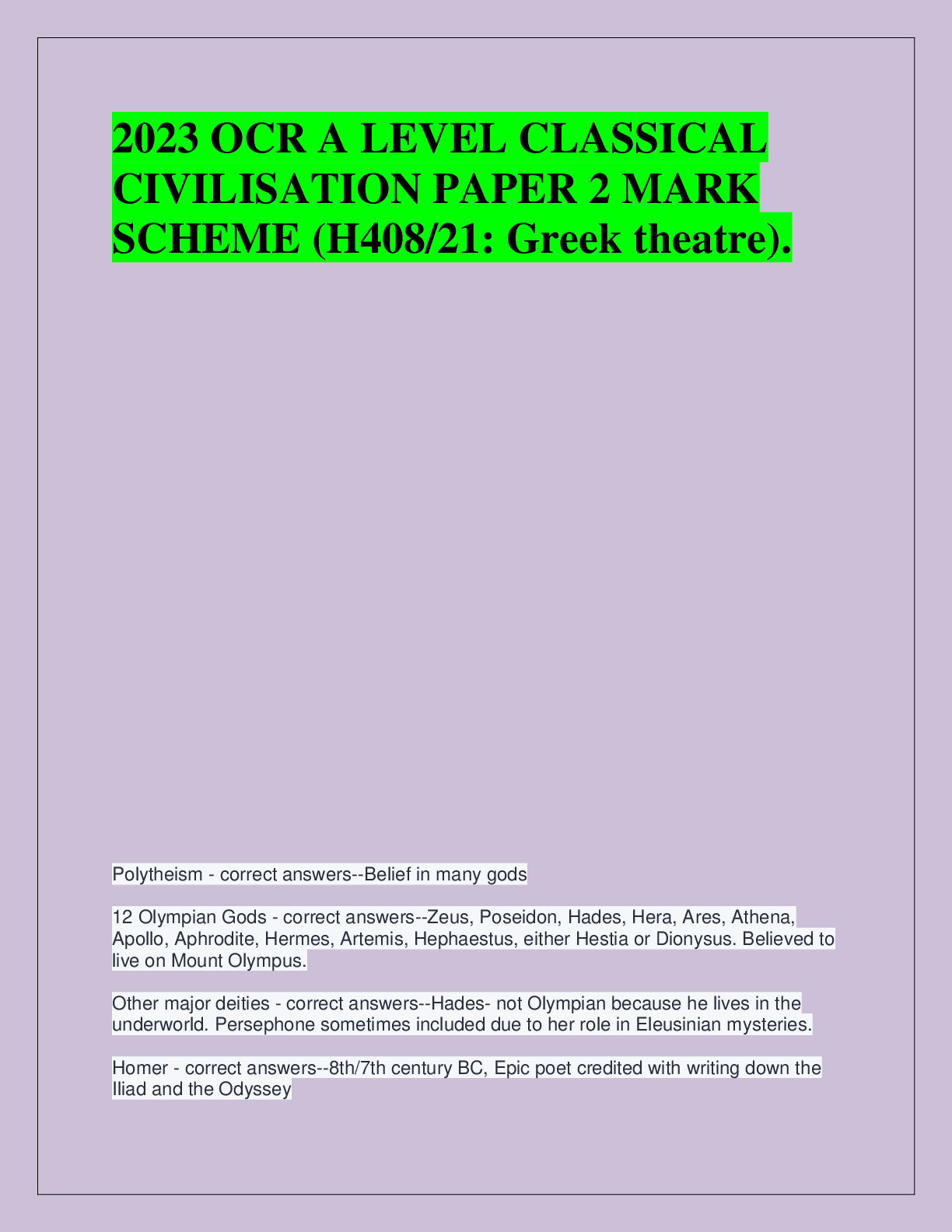 Preview image for 2023 OCR A LEVEL CLASSICAL  CIVILISATION PAPER 2 MARK  SCHEME (H408/21: Greek theatre).