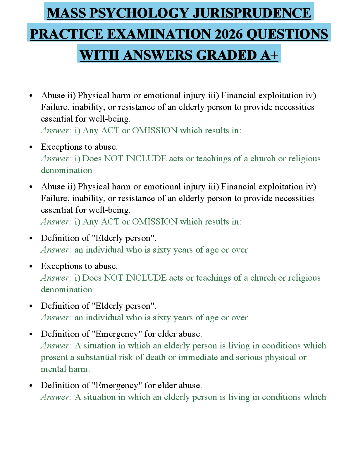 Recommended document preview for MASS PSYCHOLOGY JURISPRUDENCE PRACTICE EXAMINATION 2026 QUESTIONS WITH ANSWERS GRADED A+
