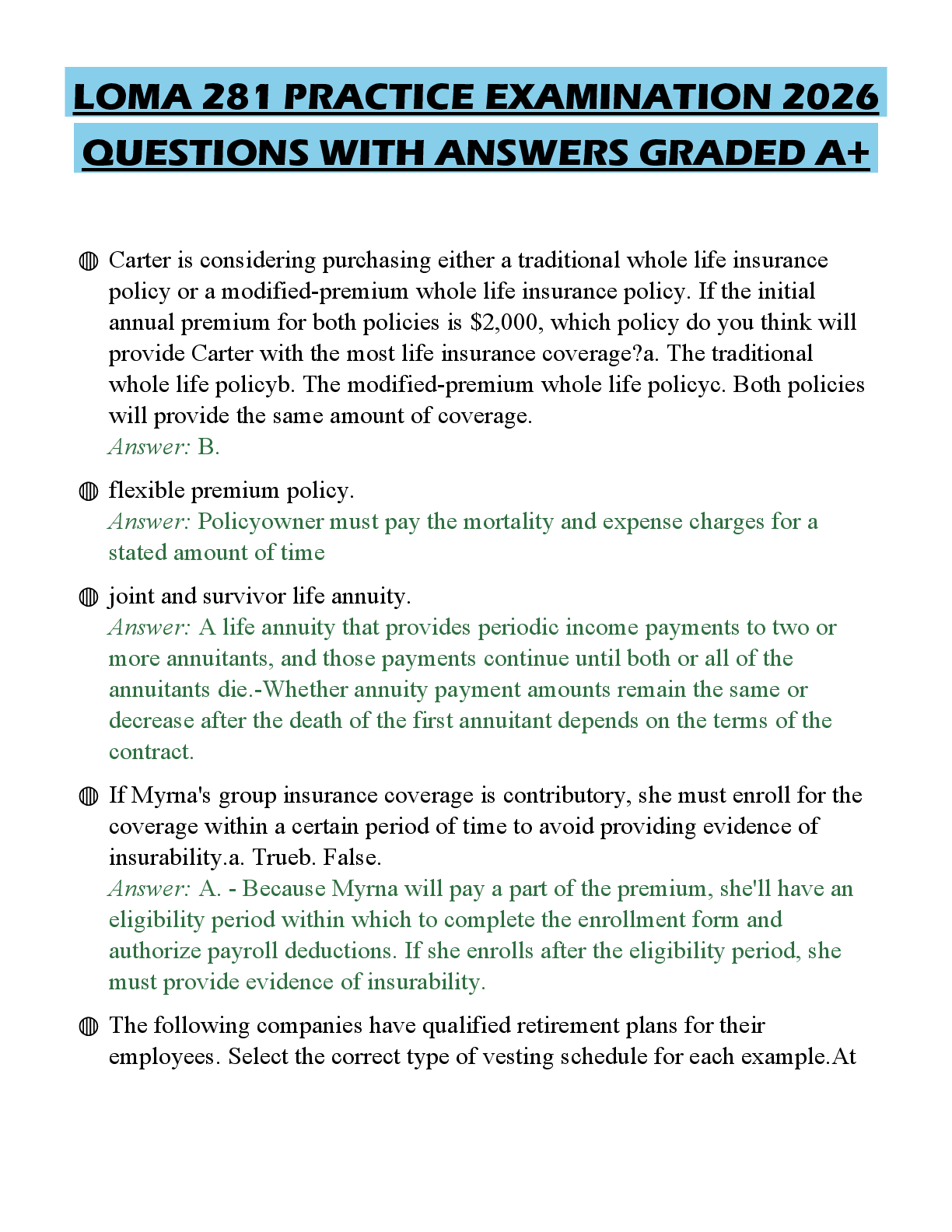 Recommended document preview for LOMA 281 PRACTICE EXAMINATION 2026 QUESTIONS WITH ANSWERS GRADED A+
