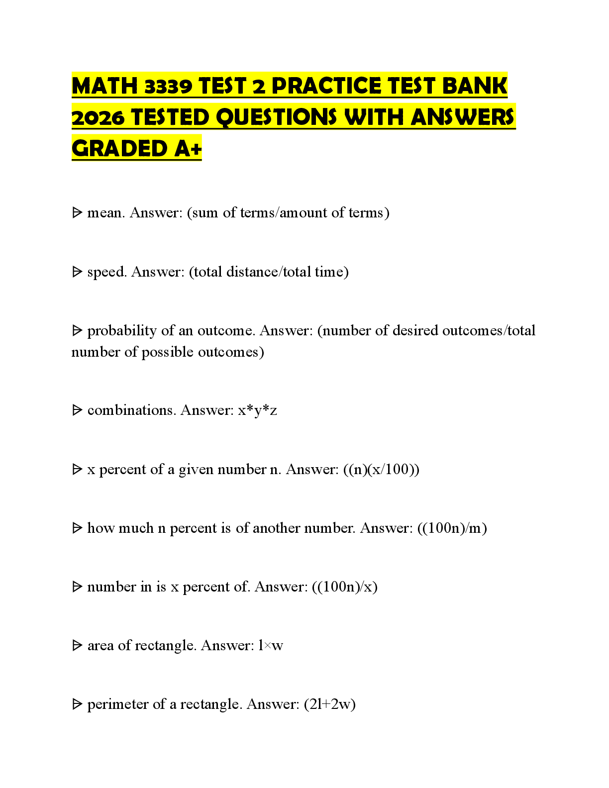 Recommended document preview for MATH 3339 TEST 2 STUDY GUIDE QUESTIONS AND SOLUTIONS 2026 CORRECT ANSWERS GRADED A+