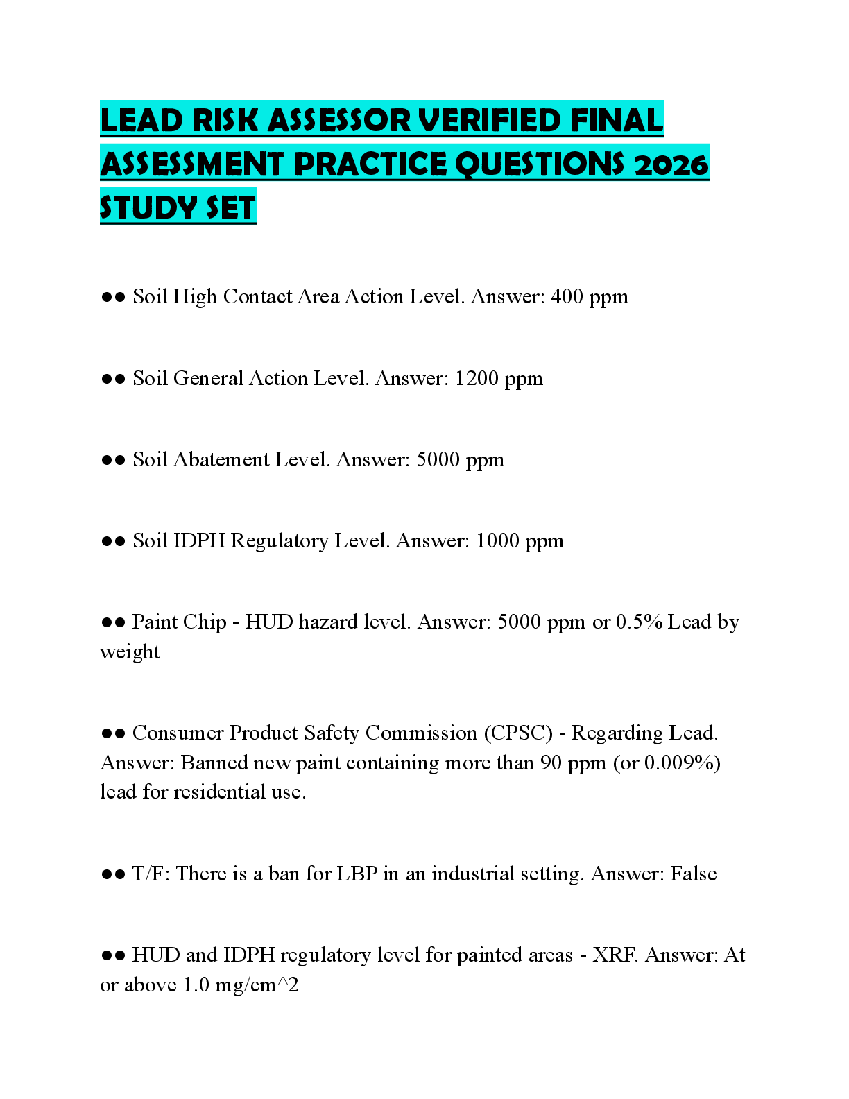 Recommended document preview for LEAD RISK ASSESSOR VERIFIED FINAL ASSESSMENT PRACTICE QUESTIONS 2026 STUDY SET