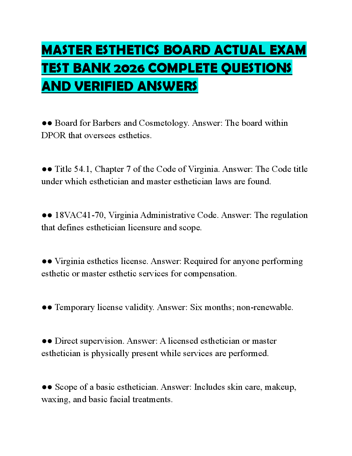 Preview of MASTER ESTHETICS BOARD ACTUAL EXAM TEST BANK 2026 COMPLETE QUESTIONS AND VERIFIED ANSWERS