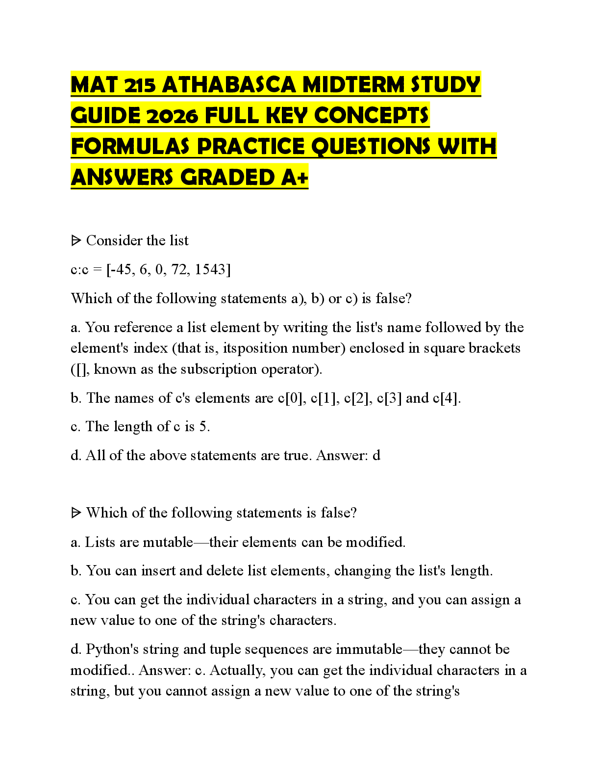 Preview of MAT 215 ATHABASCA MIDTERM STUDY GUIDE 2026 FULL KEY CONCEPTS FORMULAS PRACTICE QUESTIONS W