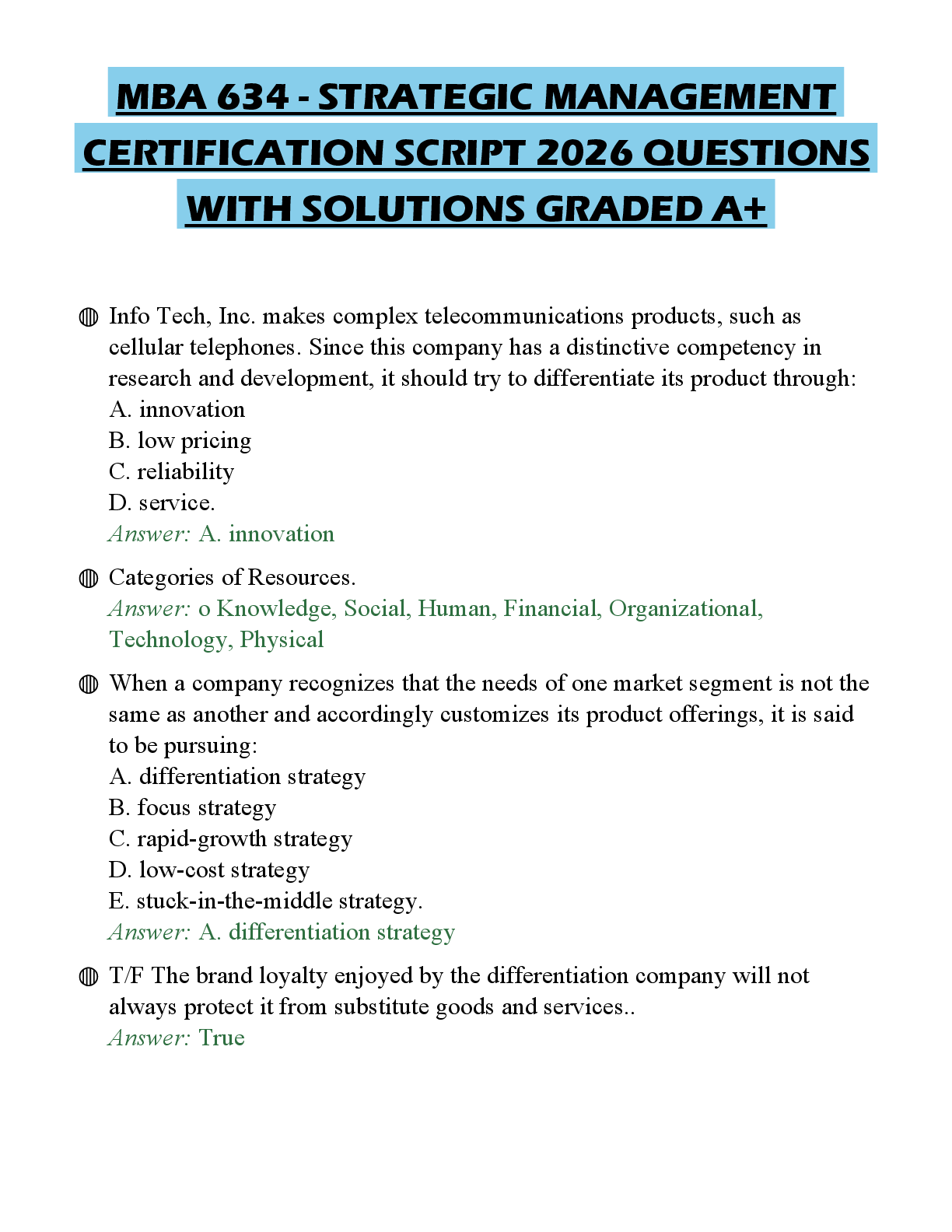 Recommended document preview for MBA 634 - STRATEGIC MANAGEMENT CERTIFICATION SCRIPT 2026 QUESTIONS WITH SOLUTIONS GRADED A+