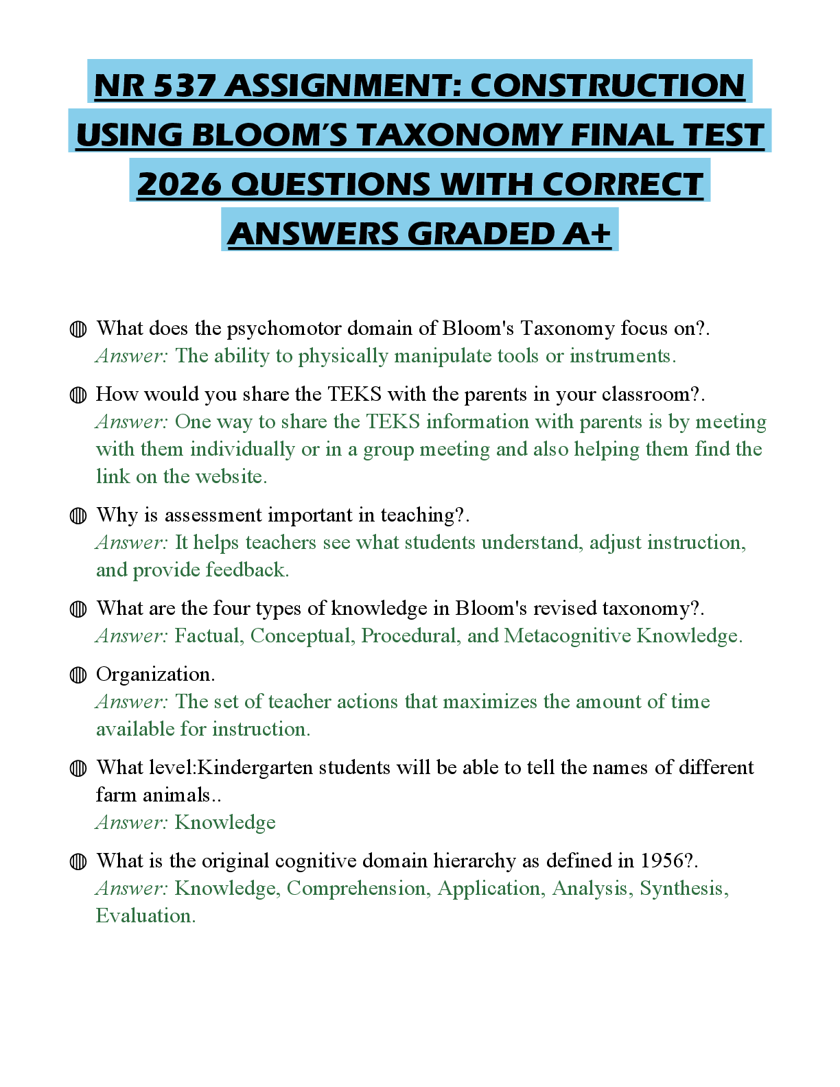 Preview of NR 537 ASSIGNMENT: CONSTRUCTION USING BLOOM’S TAXONOMY FINAL TEST 2026 QUESTIONS WITH CORR
