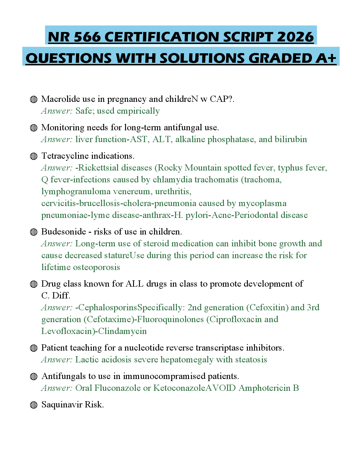 Recommended document preview for NR 566 CERTIFICATION SCRIPT 2026 QUESTIONS WITH SOLUTIONS GRADED A+
