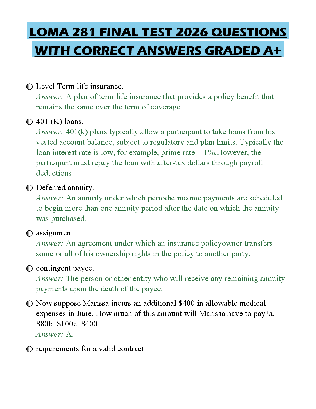 Recommended document preview for LOMA 281 FINAL TEST 2026 QUESTIONS WITH CORRECT ANSWERS GRADED A+