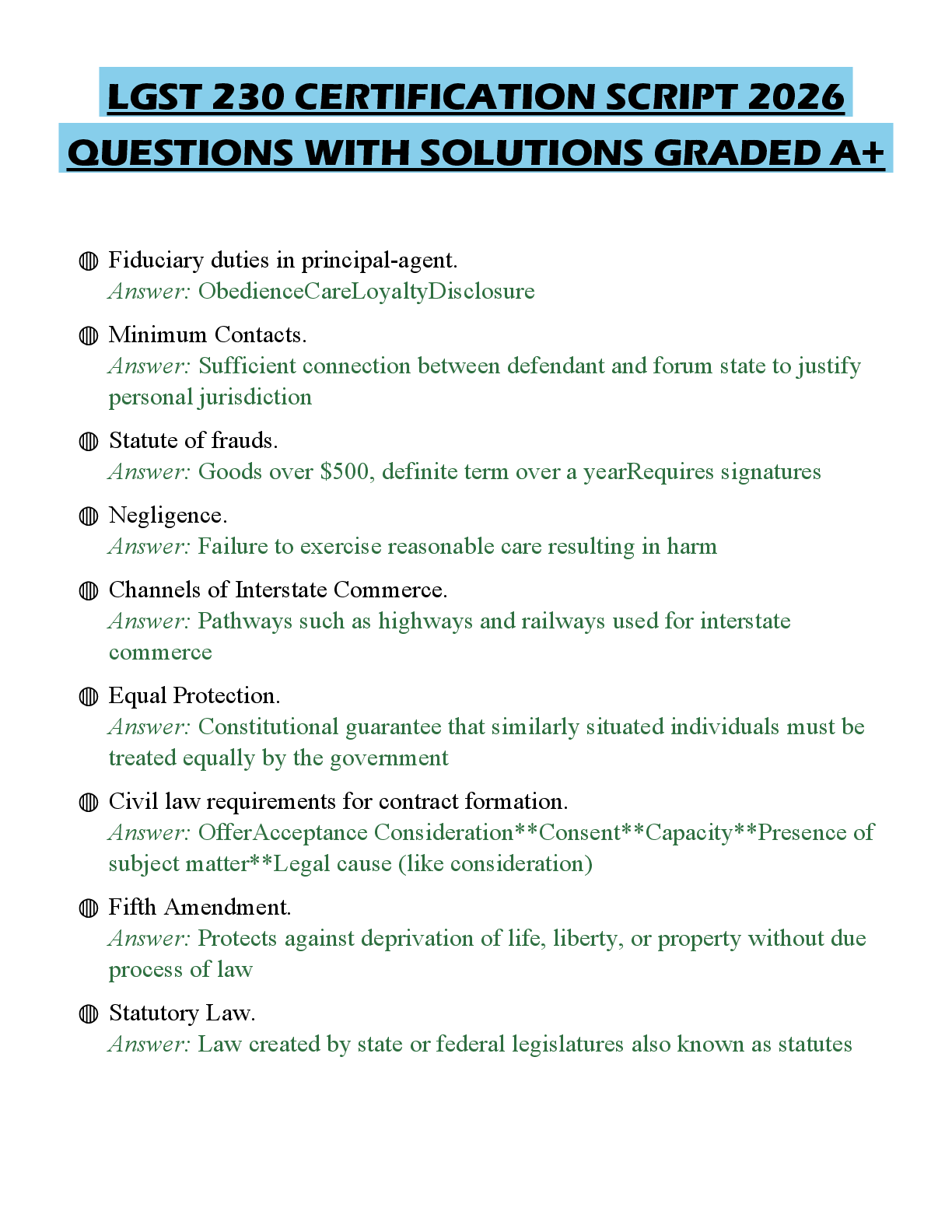 Recommended document preview for LGST 230 CERTIFICATION SCRIPT 2026 QUESTIONS WITH SOLUTIONS GRADED A+