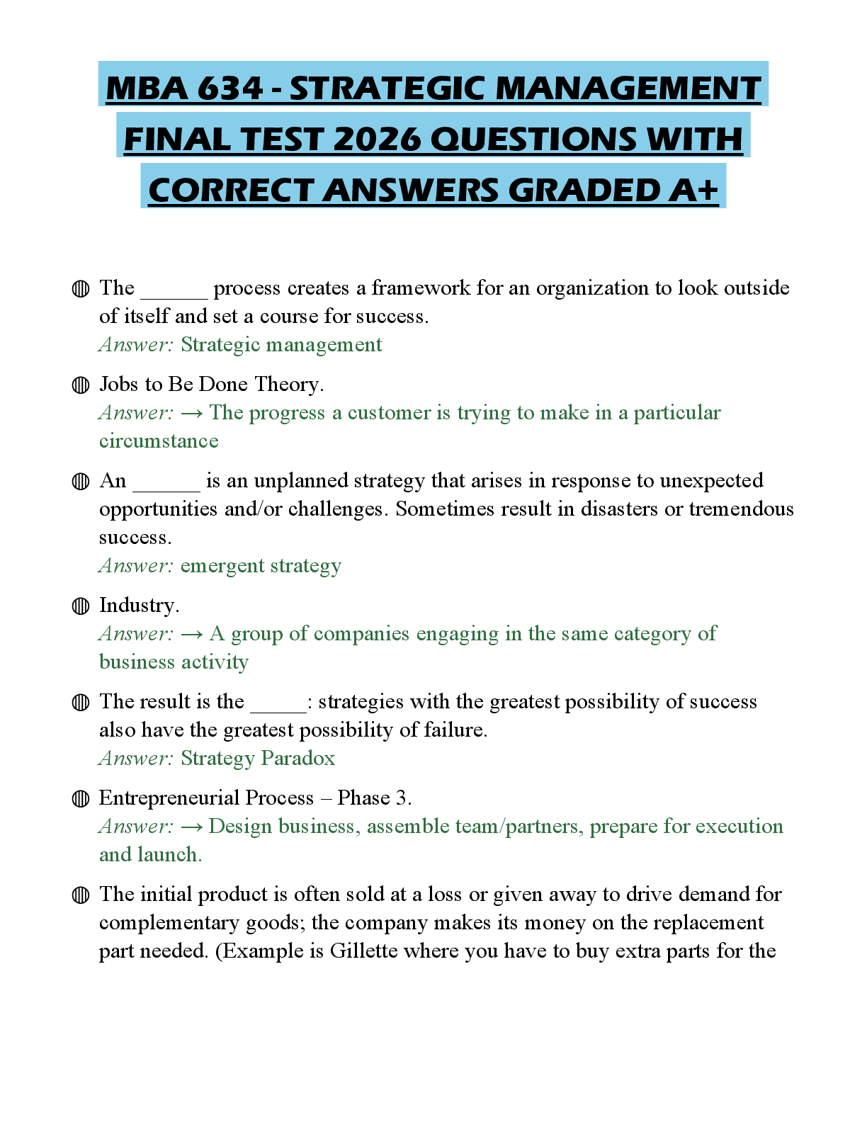 Recommended document preview for MBA 634 - STRATEGIC MANAGEMENT FINAL TEST 2026 QUESTIONS WITH CORRECT ANSWERS GRADED A+