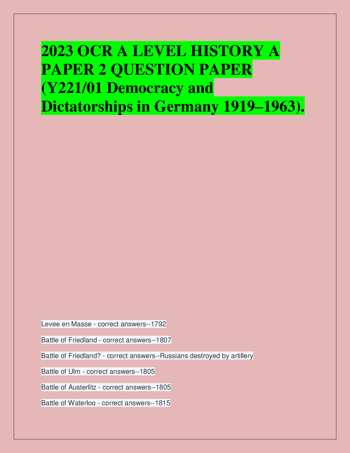Recommended document preview for 2023 OCR A LEVEL HISTORY A  PAPER 2 QUESTION PAPER  (Y221/01 Democracy and  Dictatorships in Germany 1919–1963).