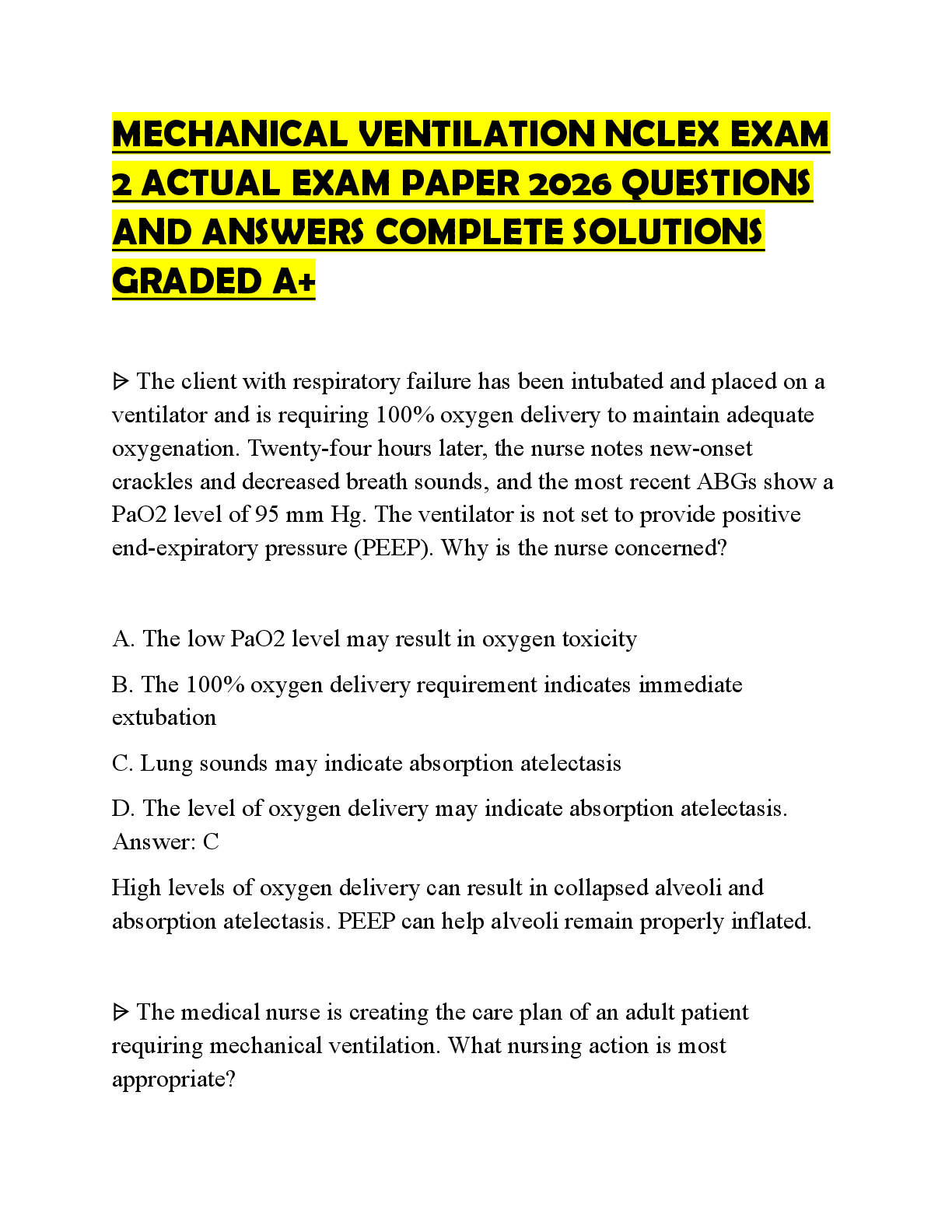Recommended document preview for MECHANICAL VENTILATION NCLEX EXAM 2 EXAM SCRIPT 2026 QUESTIONS AND ANSWERS COMPLETE QUESTIONS AND SOLUTIONS GRADED A+