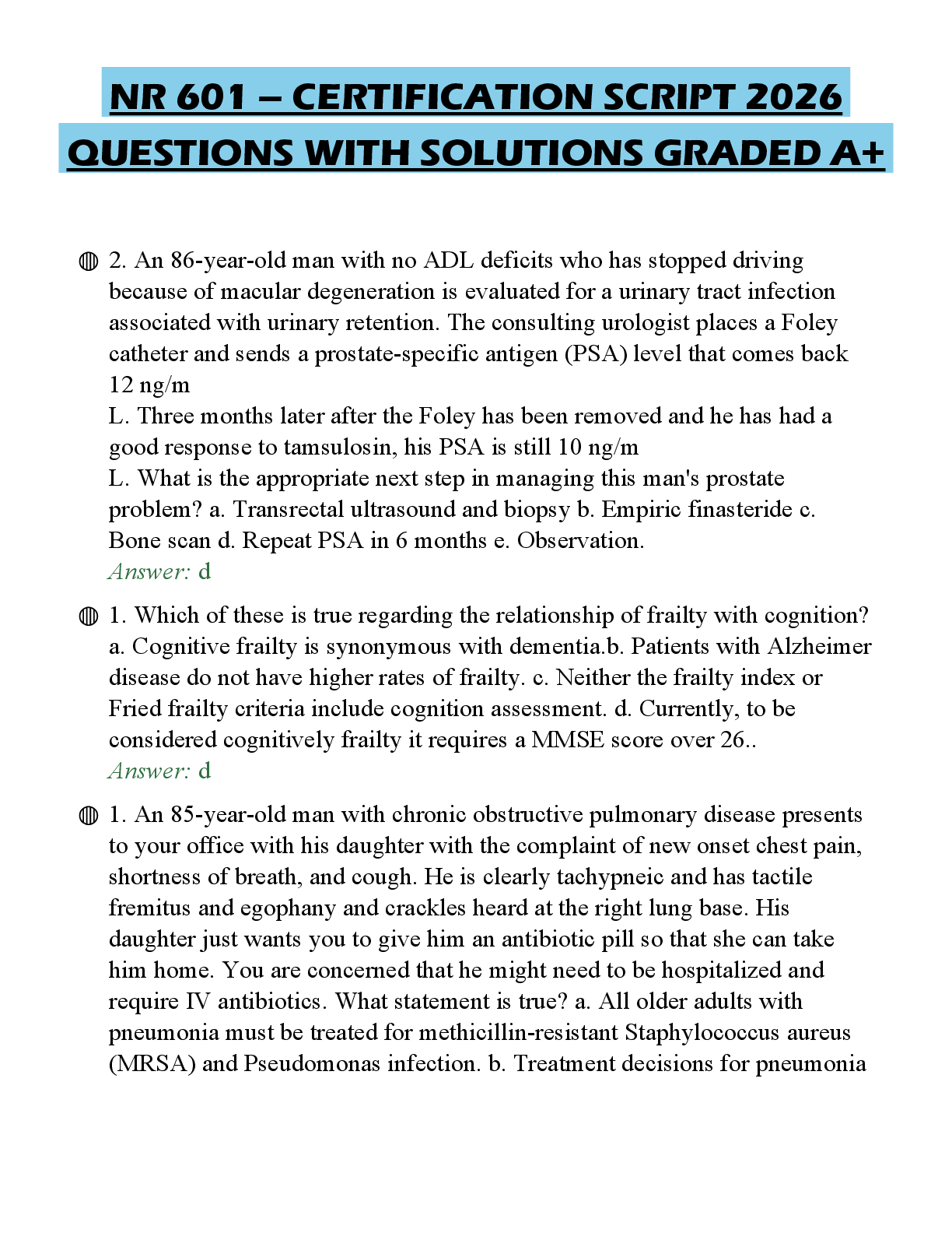 Recommended document preview for NR 601 – CERTIFICATION SCRIPT 2026 QUESTIONS WITH SOLUTIONS GRADED A+