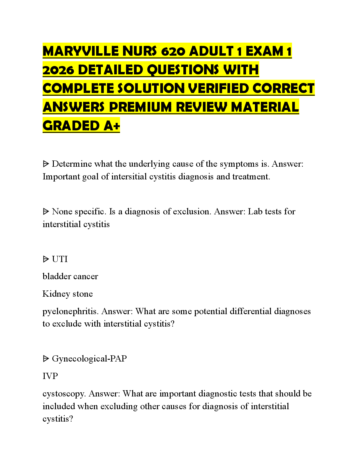 Preview of MARYVILLE NURS 620 ADULT 1 EXAM 1 2026 EXTENSIVE QUESTIONS WITH COMPLETE SOLUTION TRUSTED
