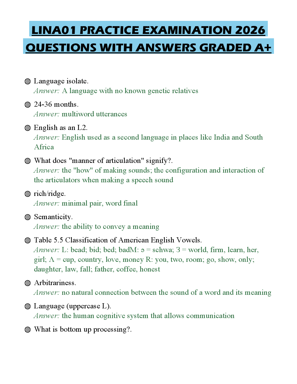 LINA01 PRACTICE EXAMINATION 2026 QUESTIONS WITH ANSWERS GRADED A+