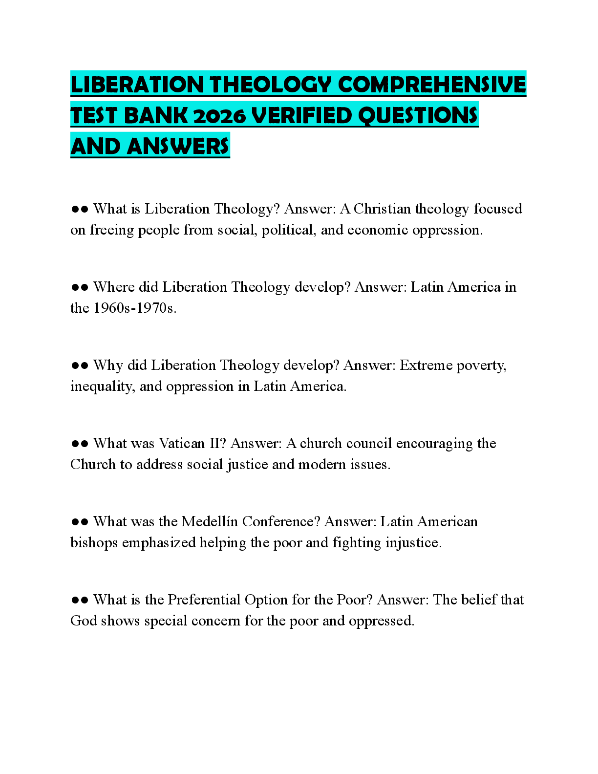 Recommended document preview for LIBERATION THEOLOGY COMPREHENSIVE TEST BANK 2026 VERIFIED QUESTIONS AND ANSWERS