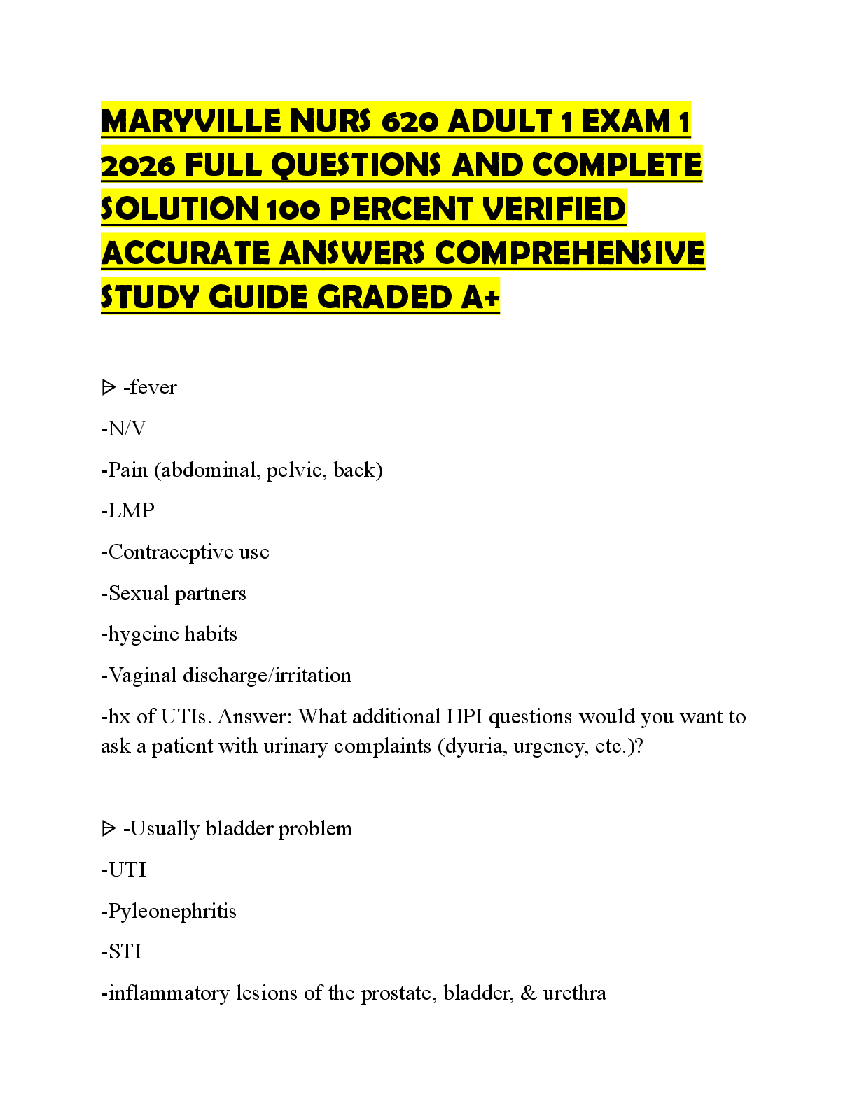 Recommended document preview for MARYVILLE NURS 620 ADULT 1 EXAM 1 2026 FULL QUESTIONS AND COMPLETE SOLUTION 100 PERCENT VERIFIED ACCURATE ANSWERS COMPREHENSIVE STUDY GUIDE GRADED A+