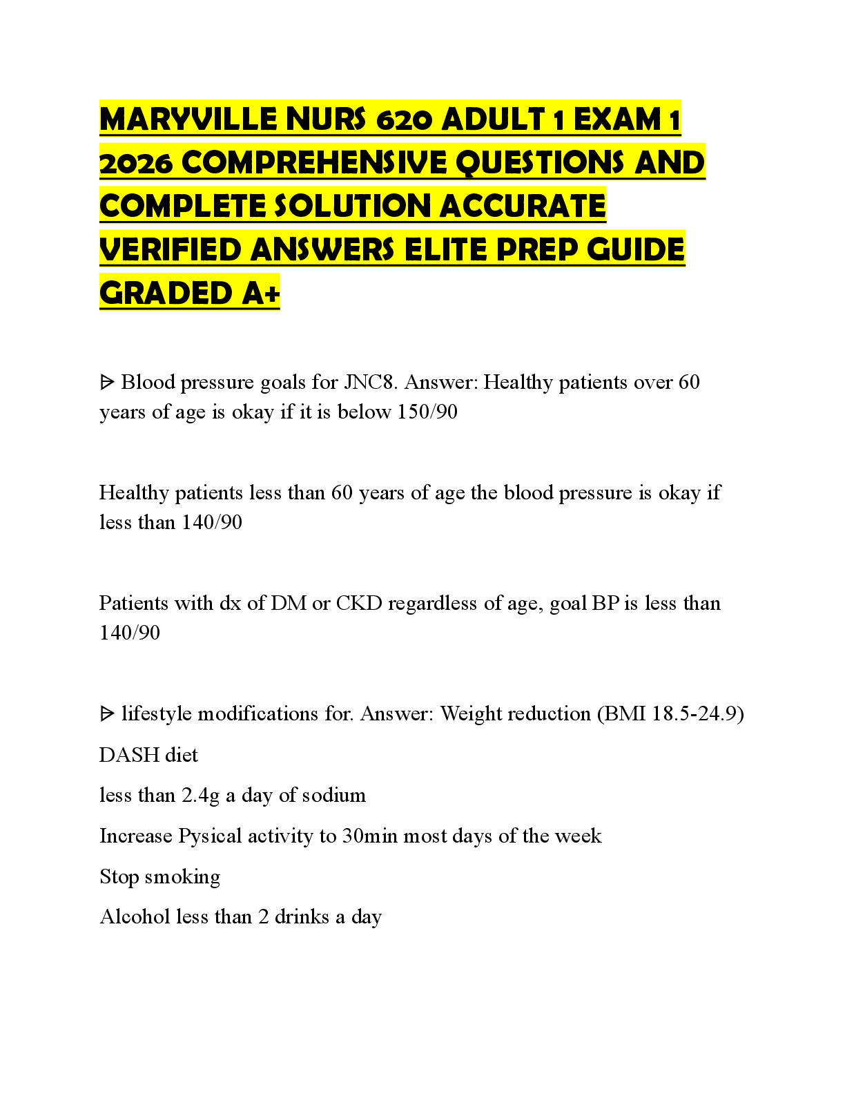 Preview of MARYVILLE NURS 620 ADULT 1 EXAM 1 2026 DETAILED QUESTIONS WITH COMPLETE SOLUTION VERIFIED