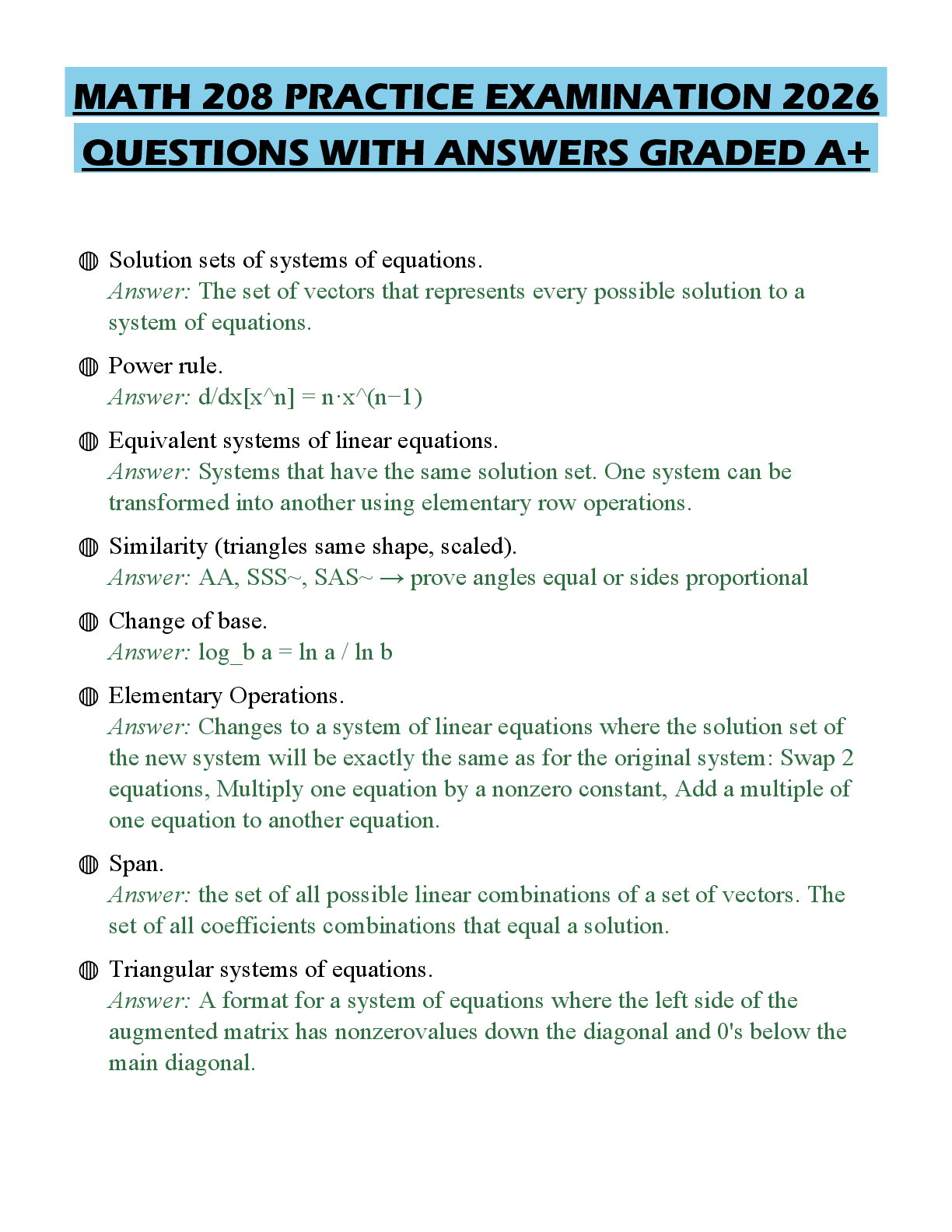 Recommended document preview for MATH 208 PRACTICE EXAMINATION 2026 QUESTIONS WITH ANSWERS GRADED A+