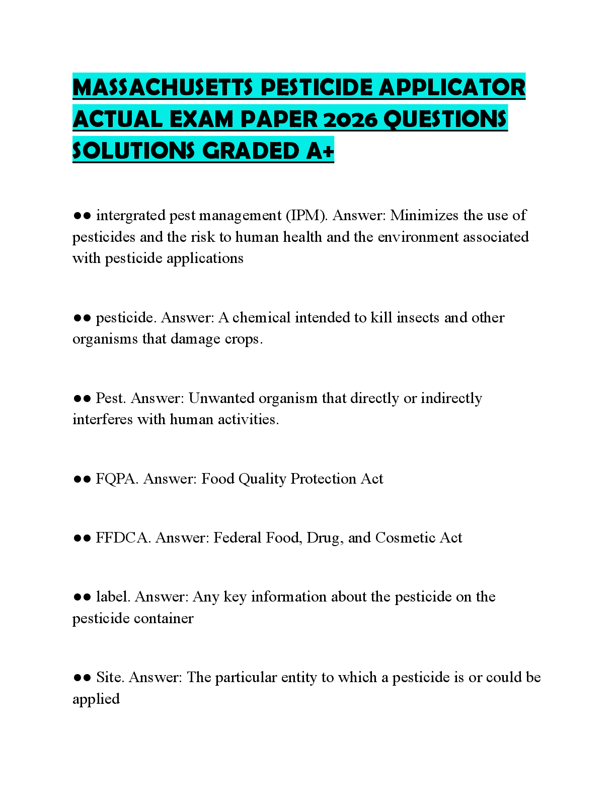 Recommended document preview for MASSACHUSETTS PESTICIDE APPLICATOR ACTUAL EXAM PAPER 2026 QUESTIONS SOLUTIONS GRADED A+
