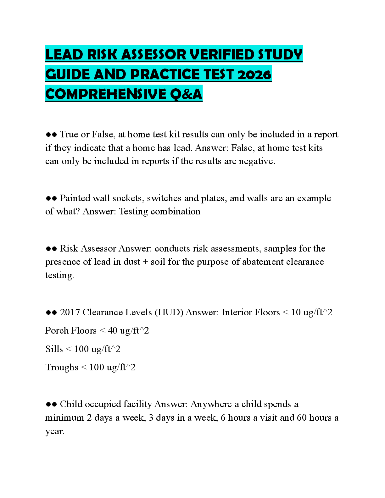 Recommended document preview for LEAD RISK ASSESSOR VERIFIED STUDY GUIDE AND PRACTICE TEST 2026 COMPREHENSIVE Q&A