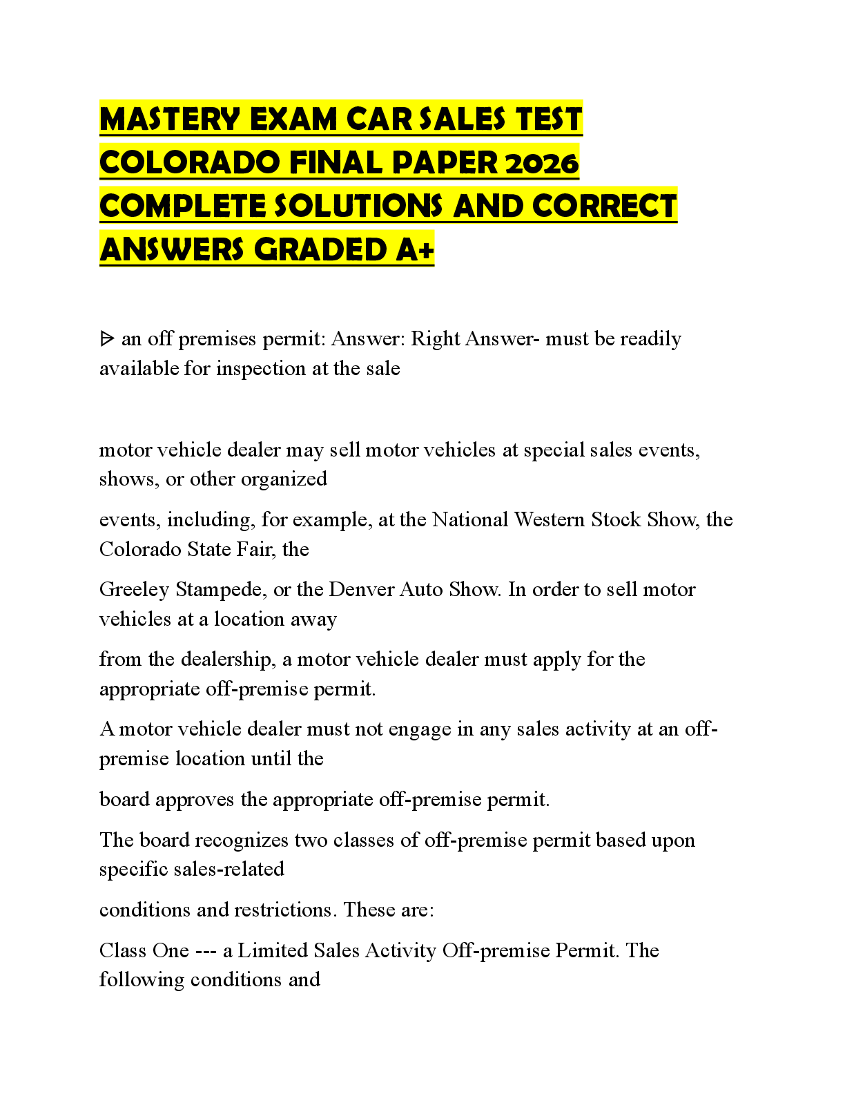 Preview of MASTERY EXAM CAR SALES TEST COLORADO FINAL PAPER 2026 COMPLETE SOLUTIONS AND CORRECT ANSWE