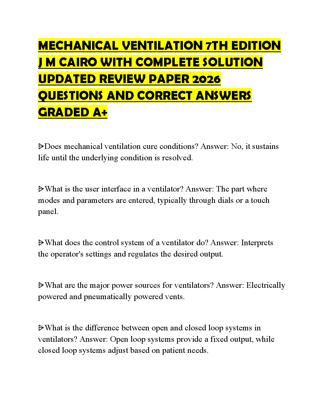 Preview of MECHANICAL VENTILATION 7TH EDITION J M CAIRO WITH COMPLETE SOLUTION ACTUAL EXAMINATION PAP