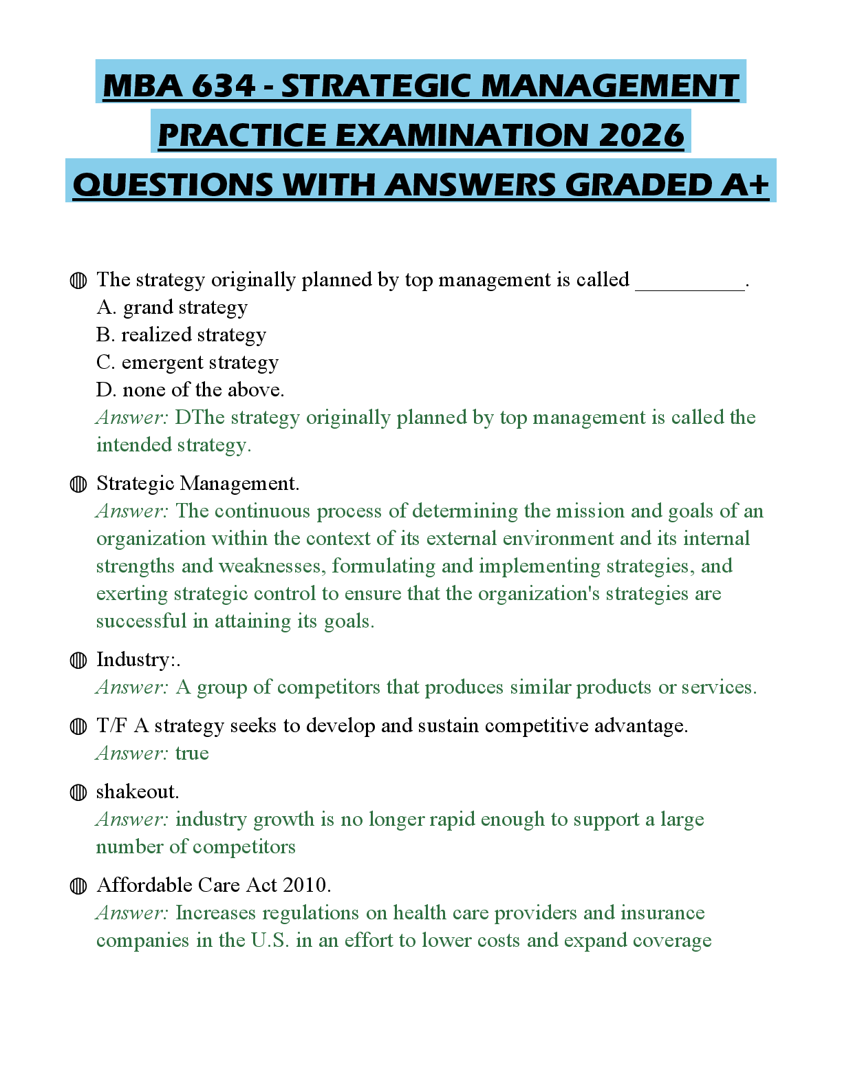 Recommended document preview for MBA 634 - STRATEGIC MANAGEMENT PRACTICE EXAMINATION 2026 QUESTIONS WITH ANSWERS GRADED A+